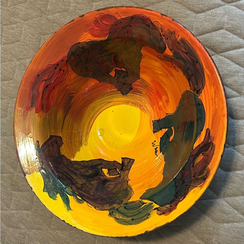 Hand-Painted Ceramic Bowl - Vibrant Orange & Yellow and Horse Artwork